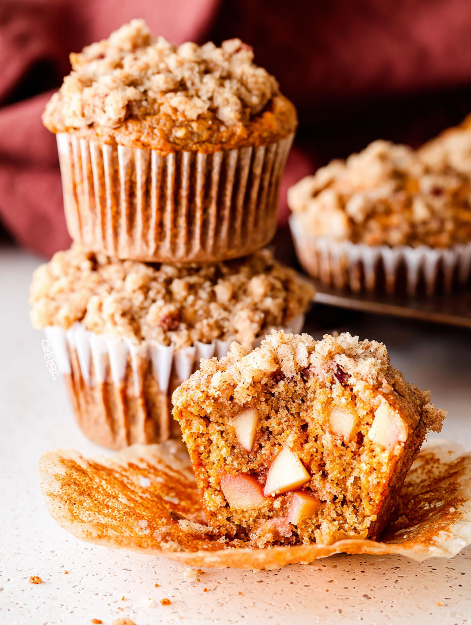 A muffin with a streusel topping and a slice of apple on top.