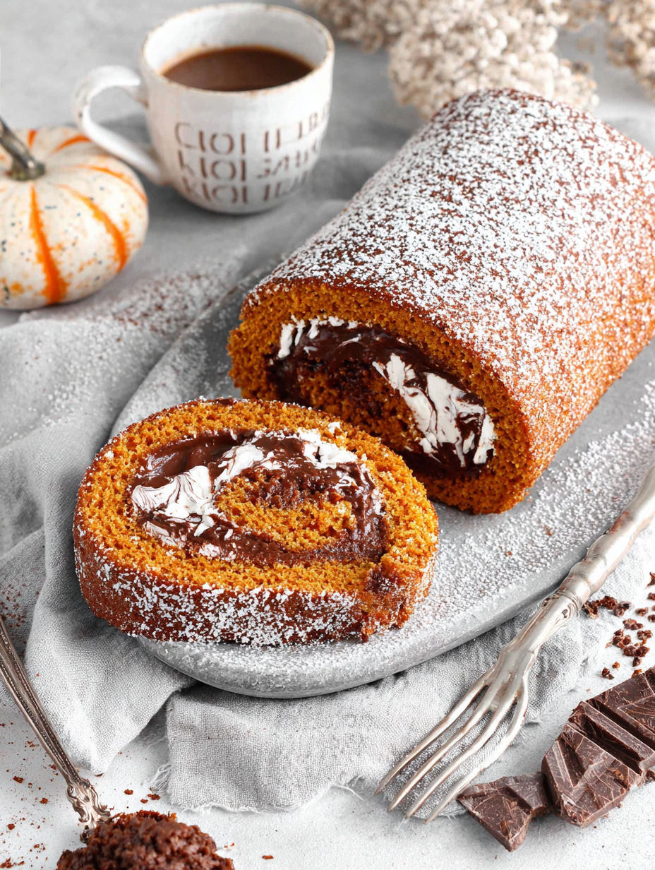 A small pumpkin roll cake with chocolate filling.