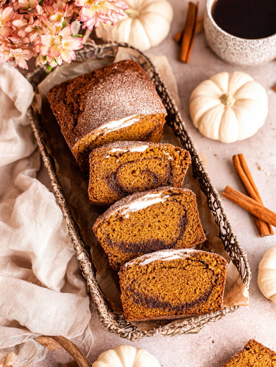 Three mini loaves of cinnamon swirl pumpkin bread.
