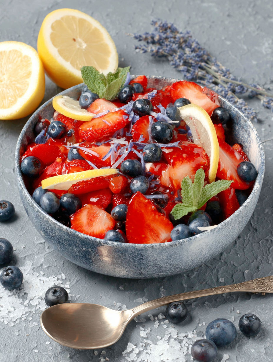 A bowl of fruit salad with strawberries, blueberries, and lemon.