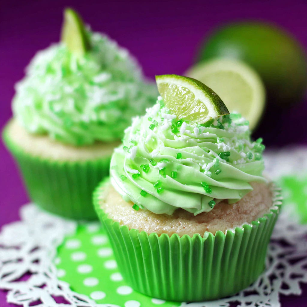 Two green cupcakes with white frosting and lime wedges on top.