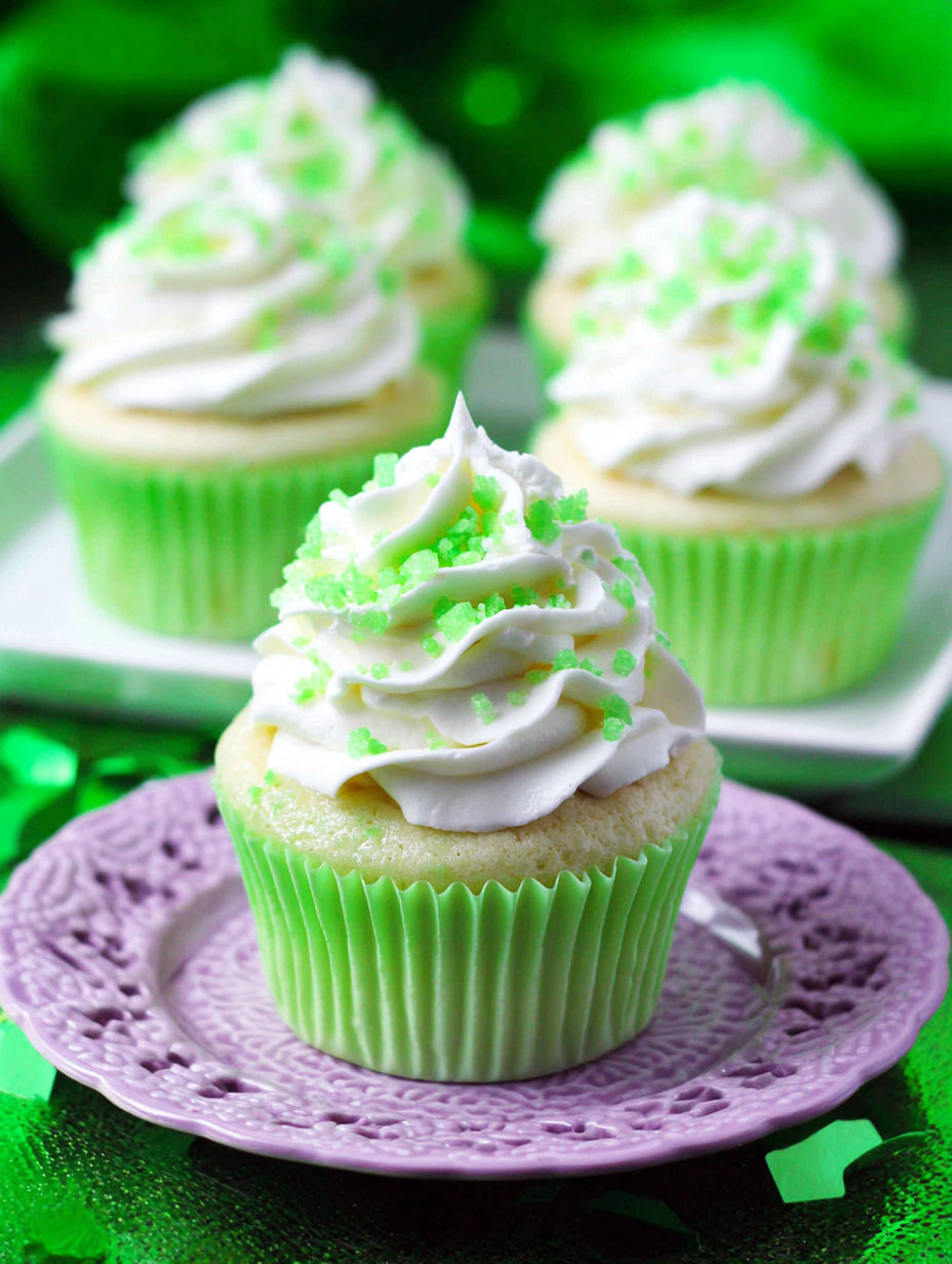 A cupcake with white frosting and green sprinkles.