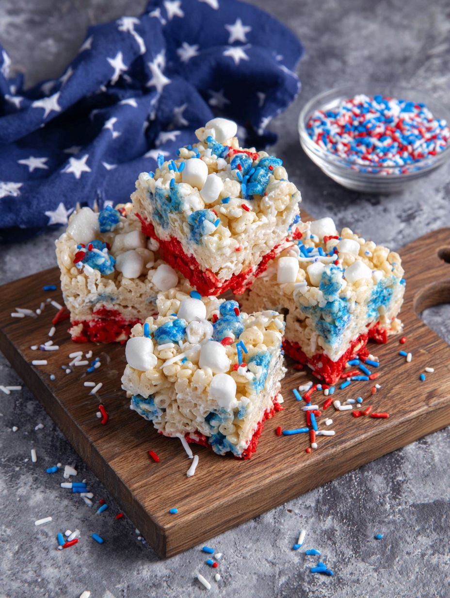 A stack of red, white and blue cake.
