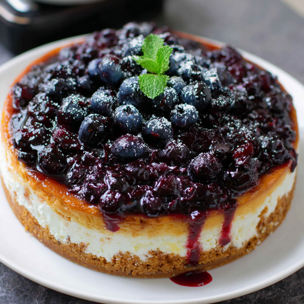 A slice of blueberry cheesecake with a green leaf on top.