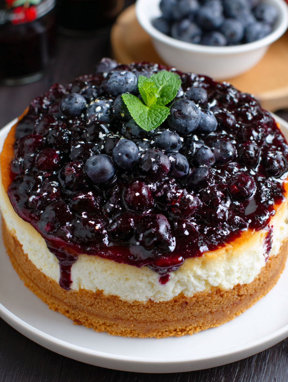 A slice of blueberry cheesecake with a green leaf on top.