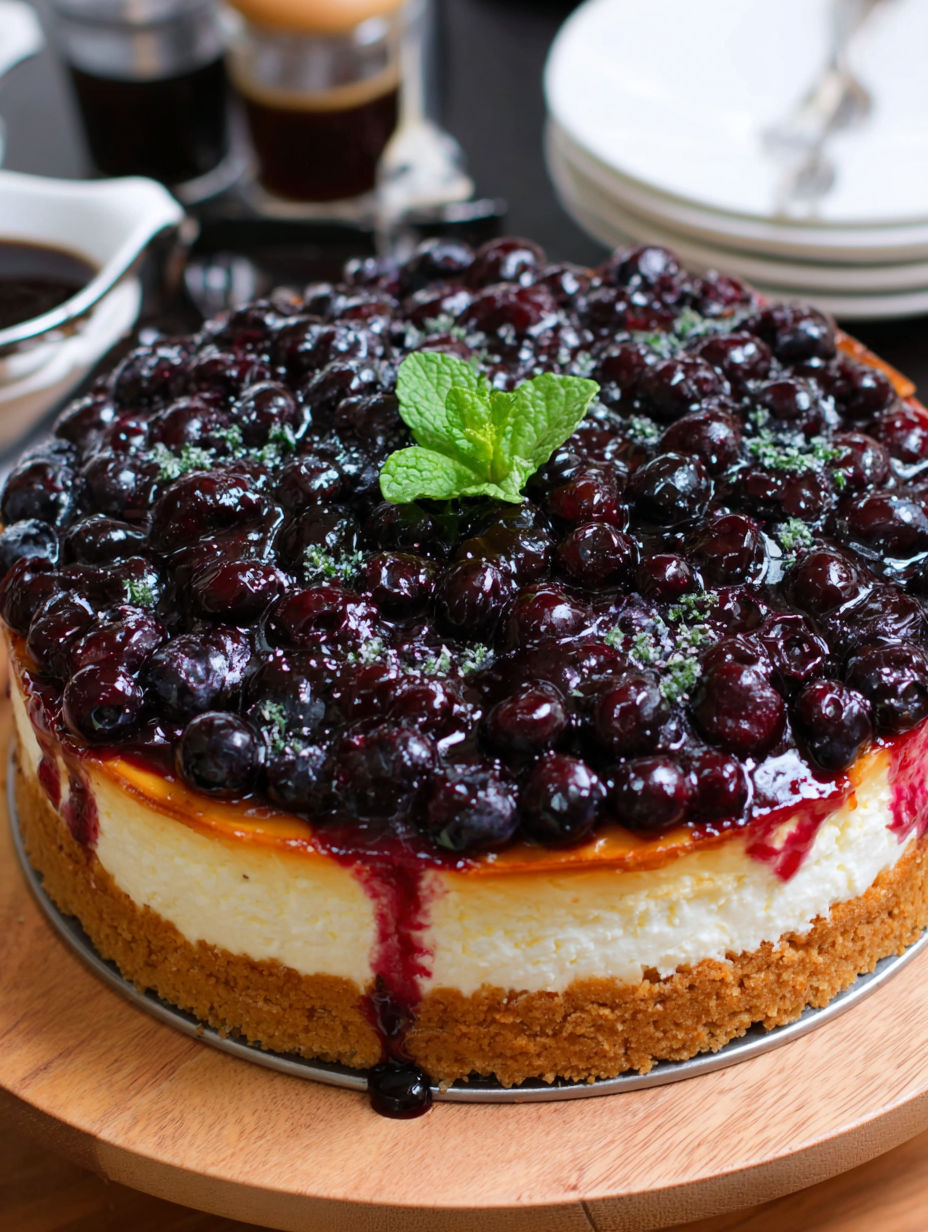 A slice of blueberry cheesecake with a green leaf on top.