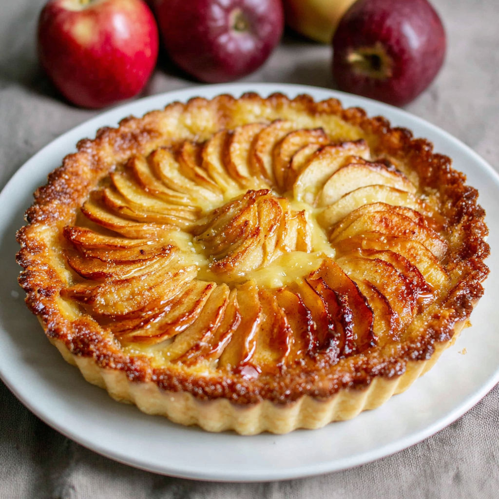 A slice of caramel apple tart on a plate.
