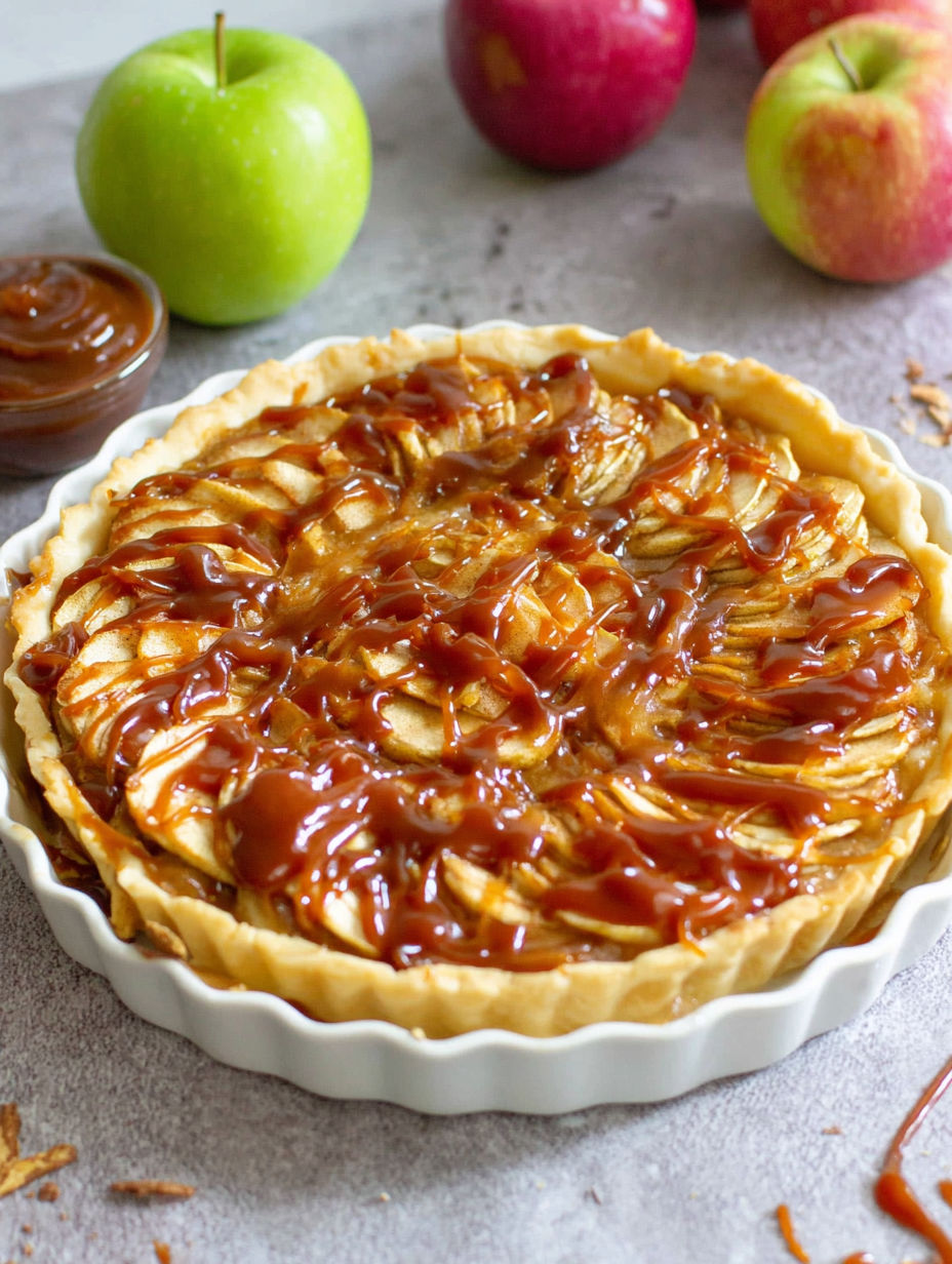 A caramel apple tart with apples and caramel sauce.