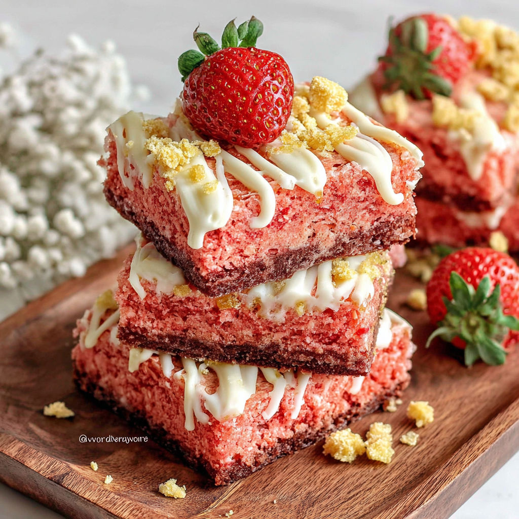 Three layers of strawberry crunch brownies.