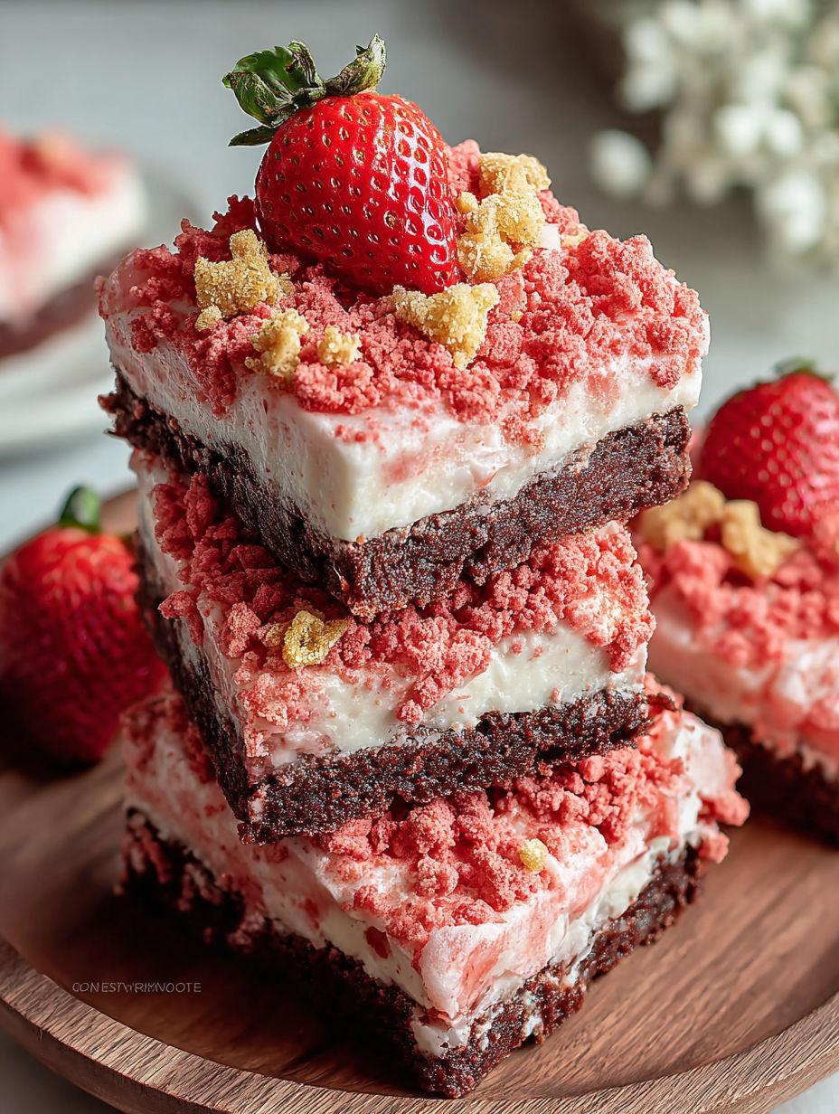 A stack of three brownies with strawberries on top.