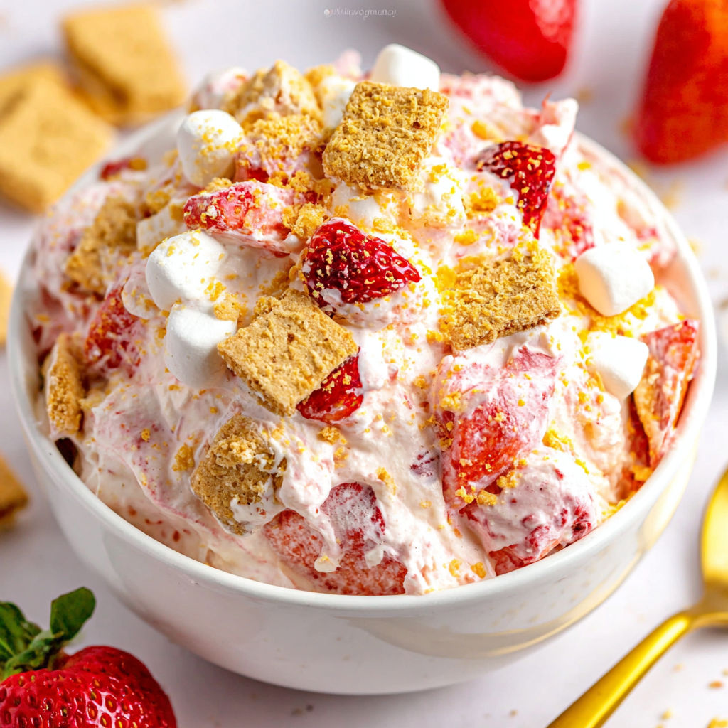 A bowl of strawberry cheesecake fluff salad.