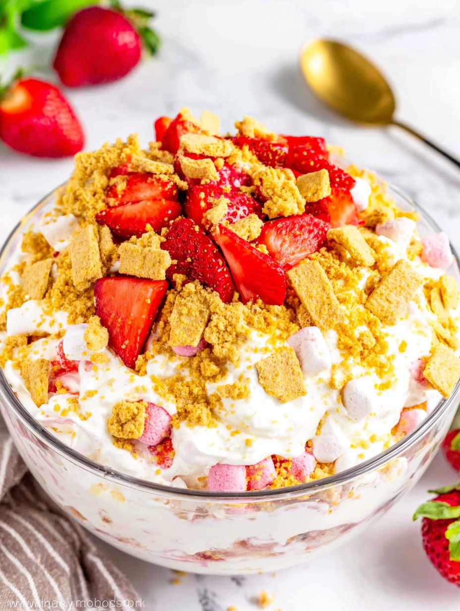 A bowl of strawberry cheesecake fluff salad.