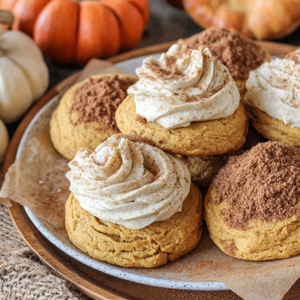 A plate of soft pumpkin cookies with cinnamon frosting.