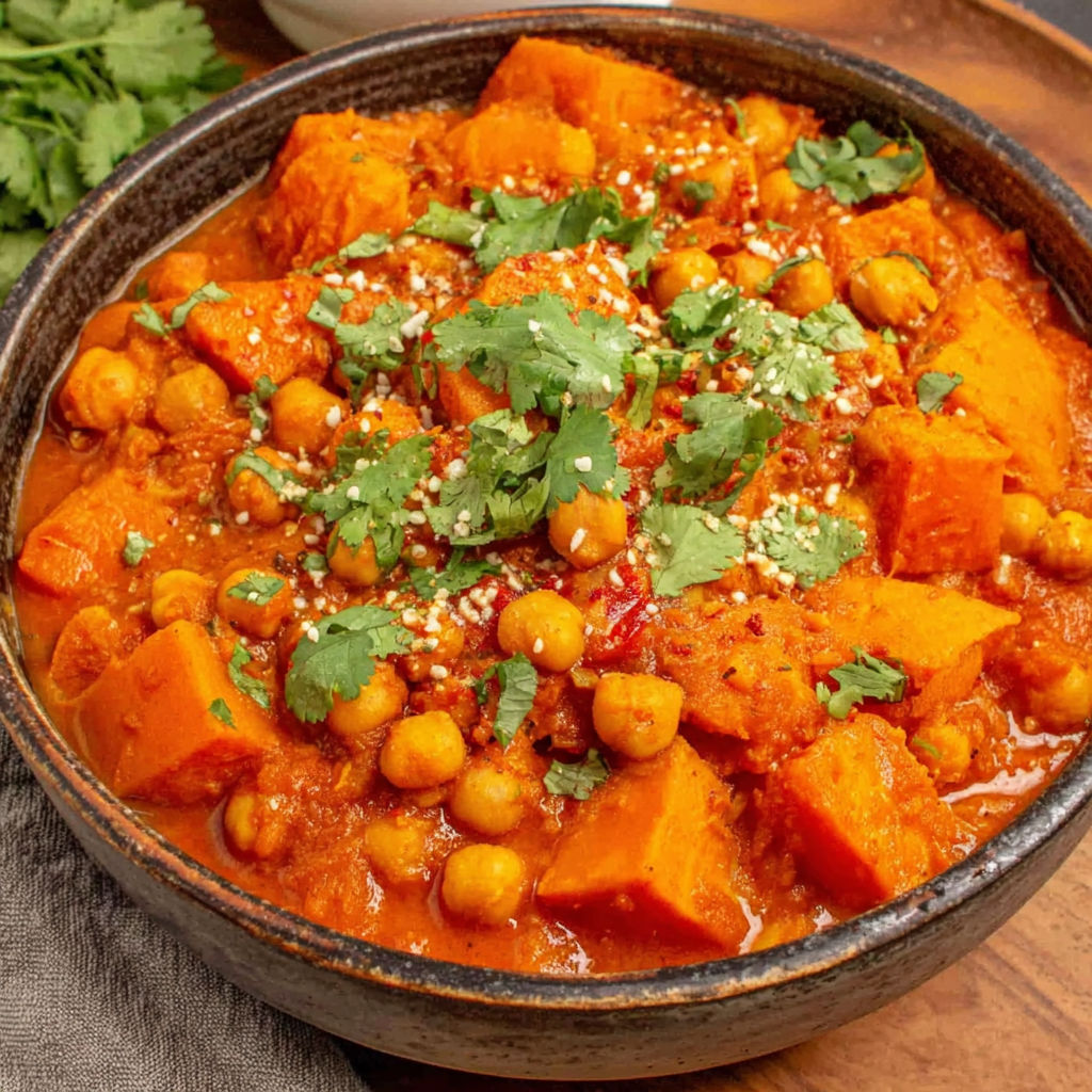 A bowl of pumpkin curry with chickpeas and coconut.