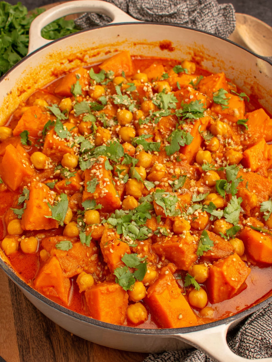 A dish of pumpkin curry with chickpeas and coconut.