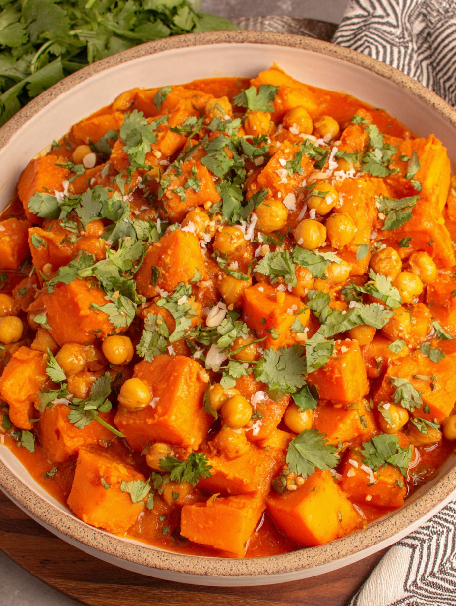 A bowl of pumpkin curry with chickpeas and coconut.