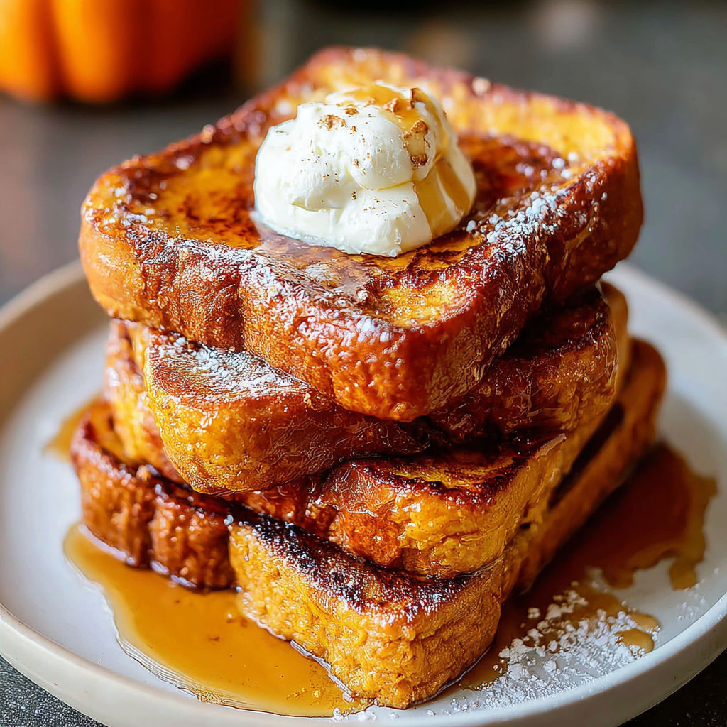 French toast with a dollop of whipped cream and a pumpkin on top.