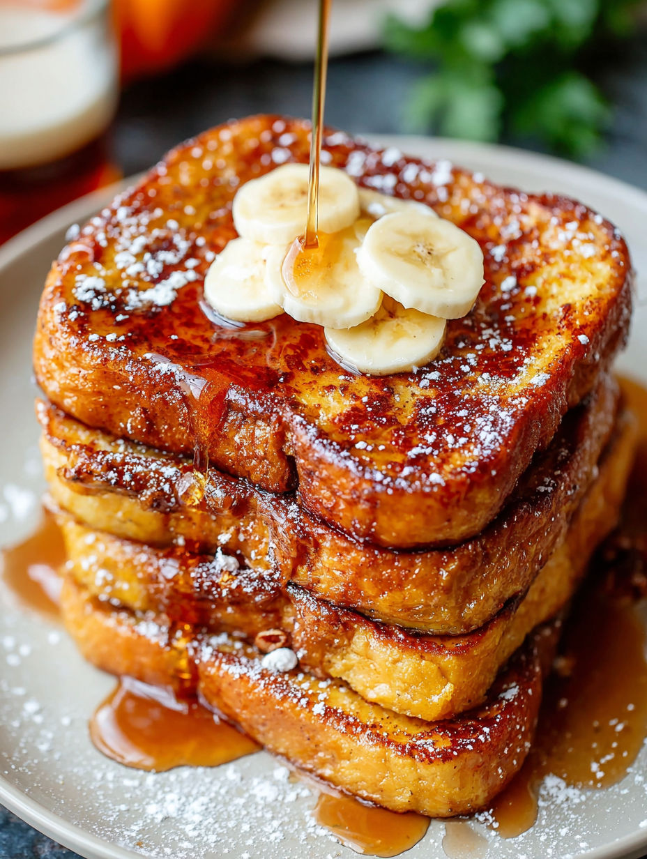 French toast with bananas and syrup.