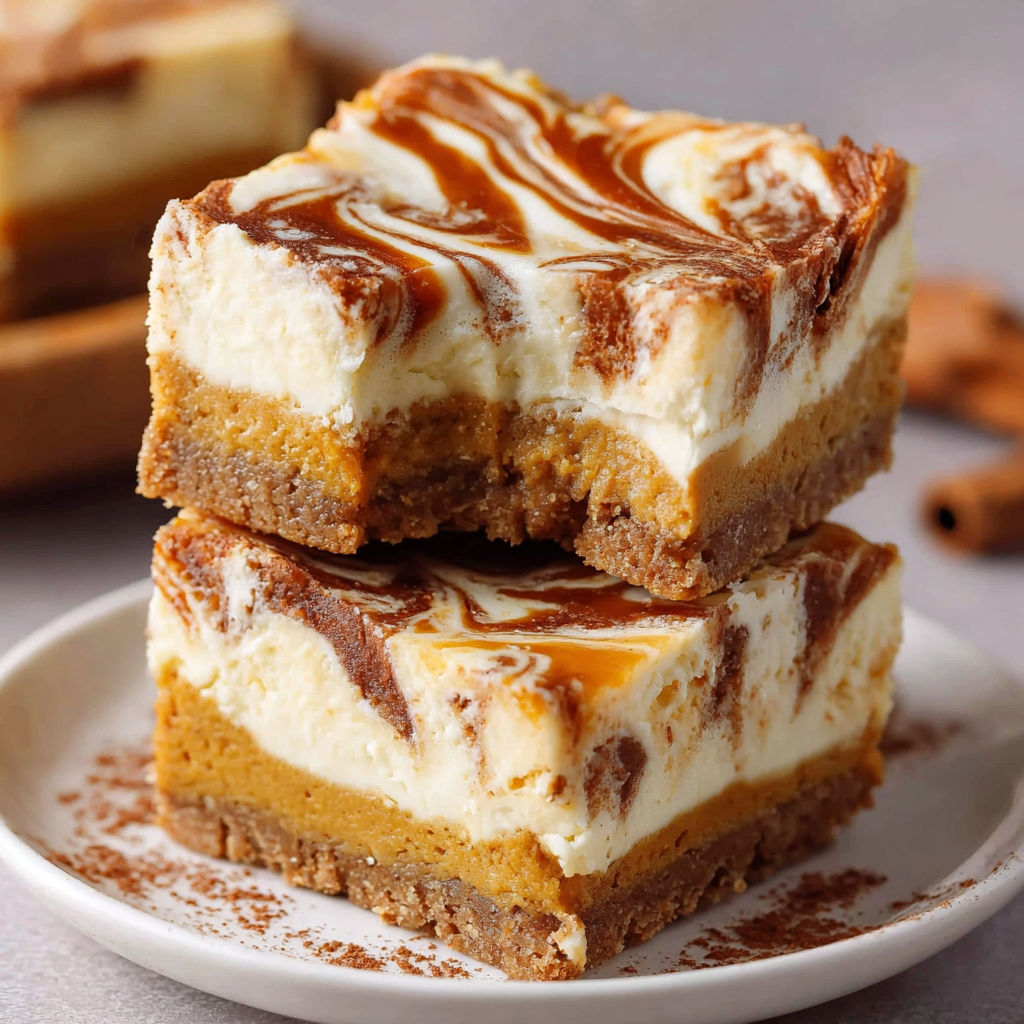 A stack of pumpkin spice cheesecake bars.