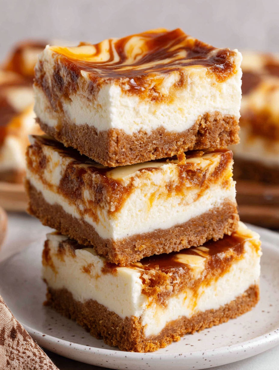 Pumpkin spice cheesecake bars stacked on a plate.
