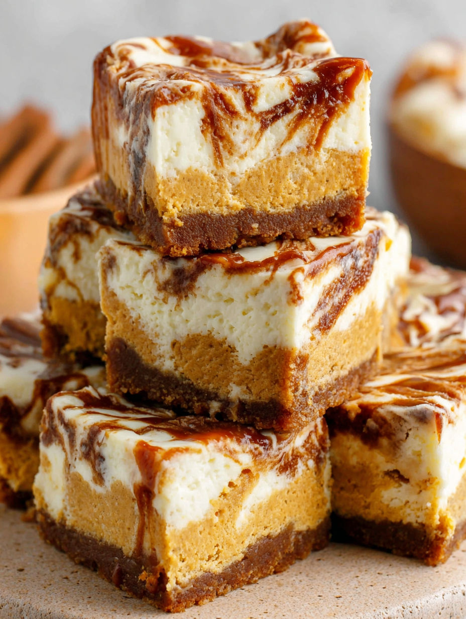 Pumpkin spice cheesecake bars stacked on top of each other.