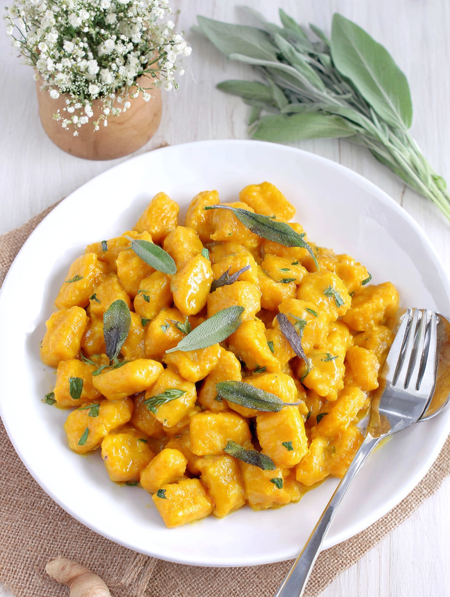 A plate of gnocchi with pumpkin sauce and herbs.