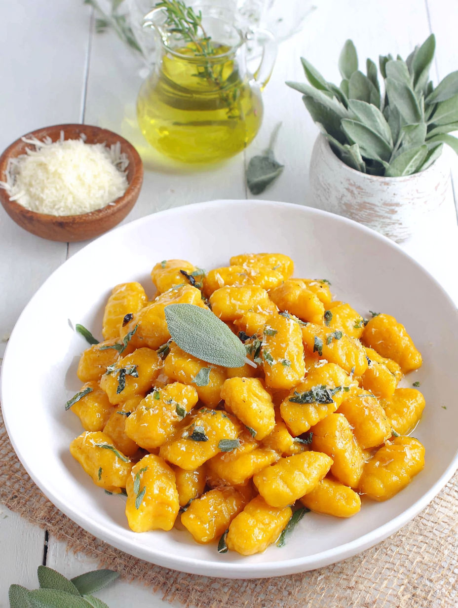 A bowl of gnocchi with a green herb on top.