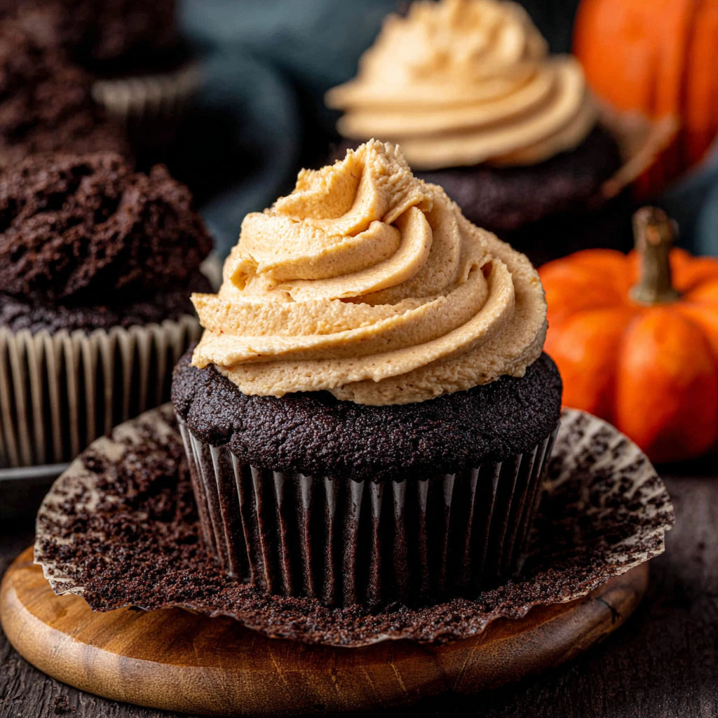 Chocolate pumpkin cupcakes with cream frosting.