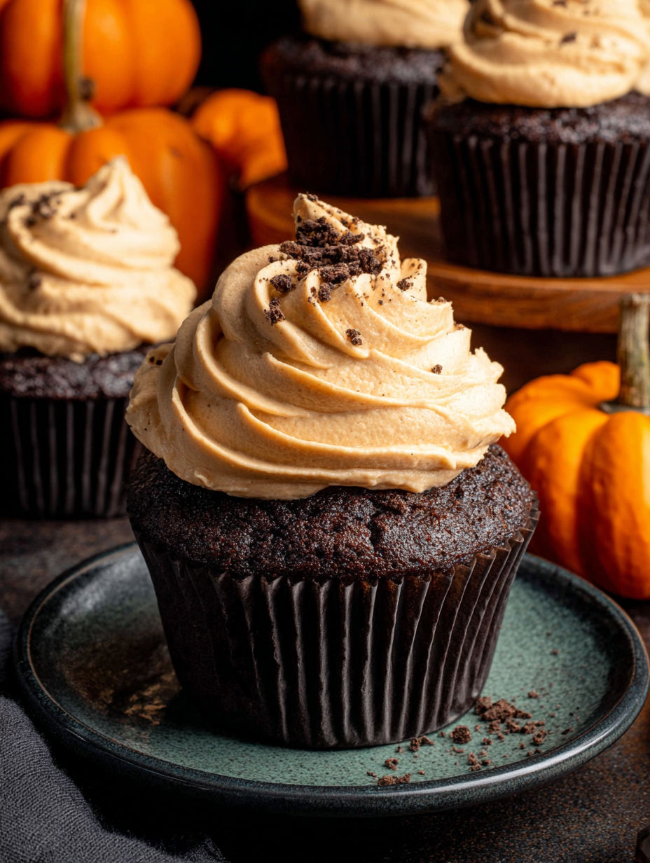 A chocolate cupcake with a pumpkin frosting.