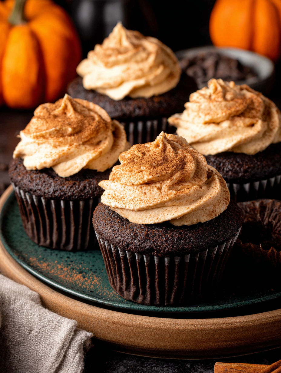 Three chocolate cupcakes with pumpkin frosting.