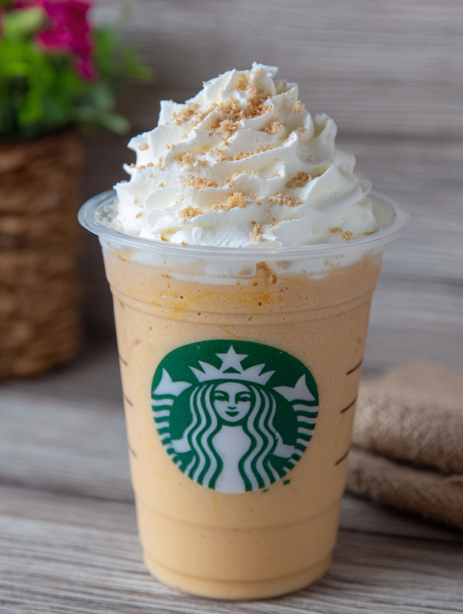 A cup of Starbucks coffee with whipped cream and caramel drizzle.