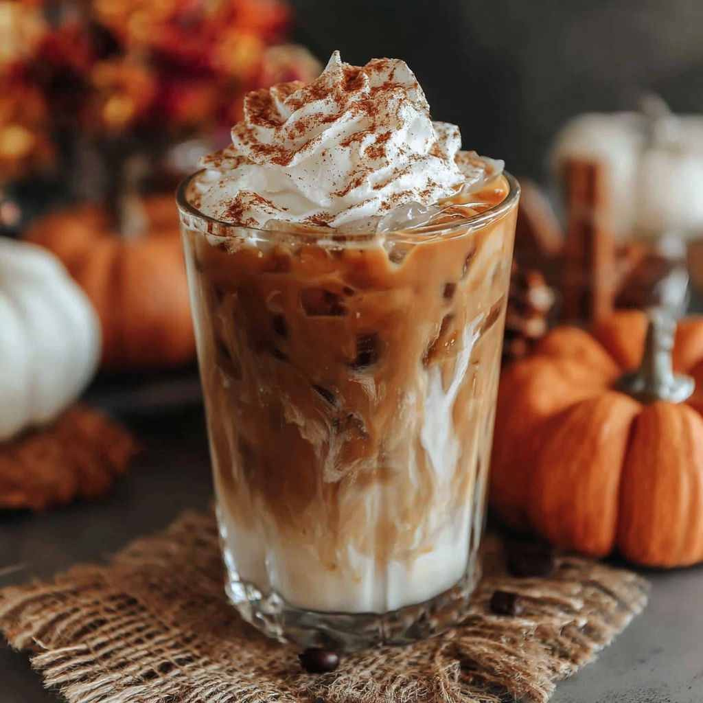 A glass of Starbucks Copycat Iced Pumpkin Spice Latte.