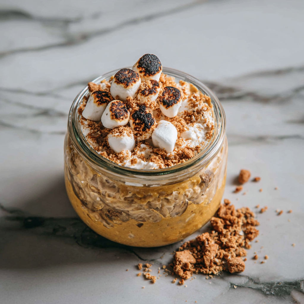 A jar of Toasted Marshmallow Pumpkin Overnight Oats.