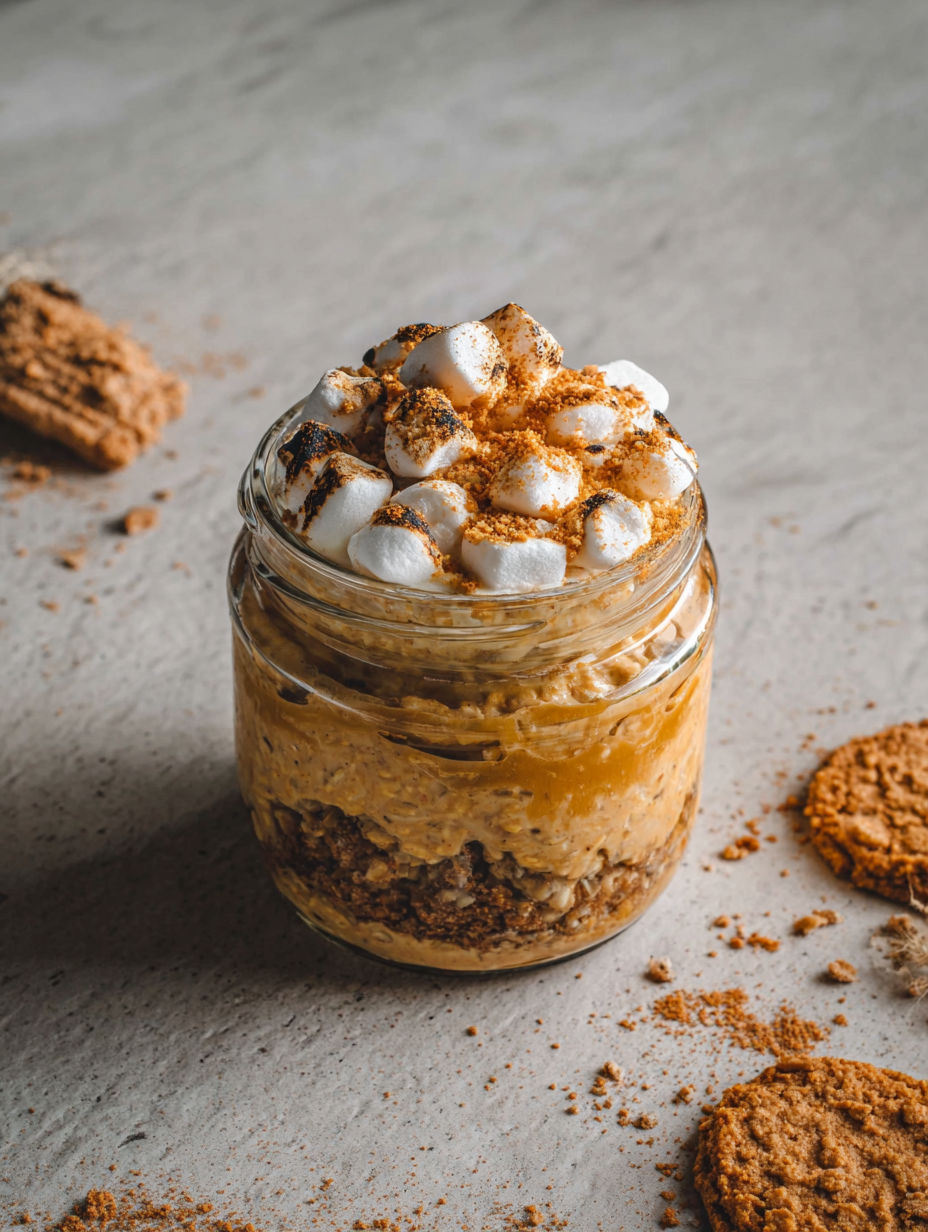A jar of Toasted Marshmallow Pumpkin Overnight Oats.