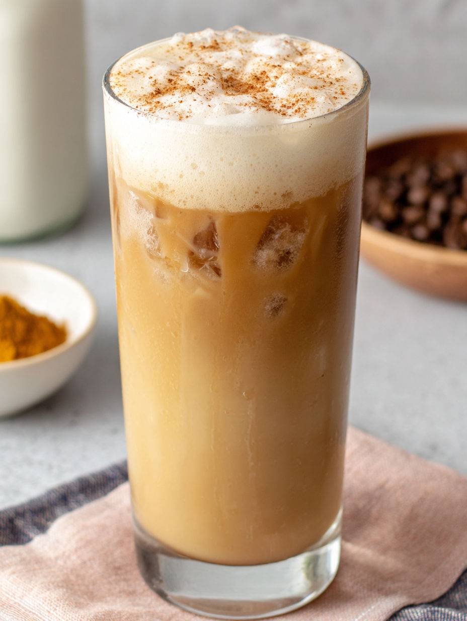 A glass of coffee with cinnamon on top.