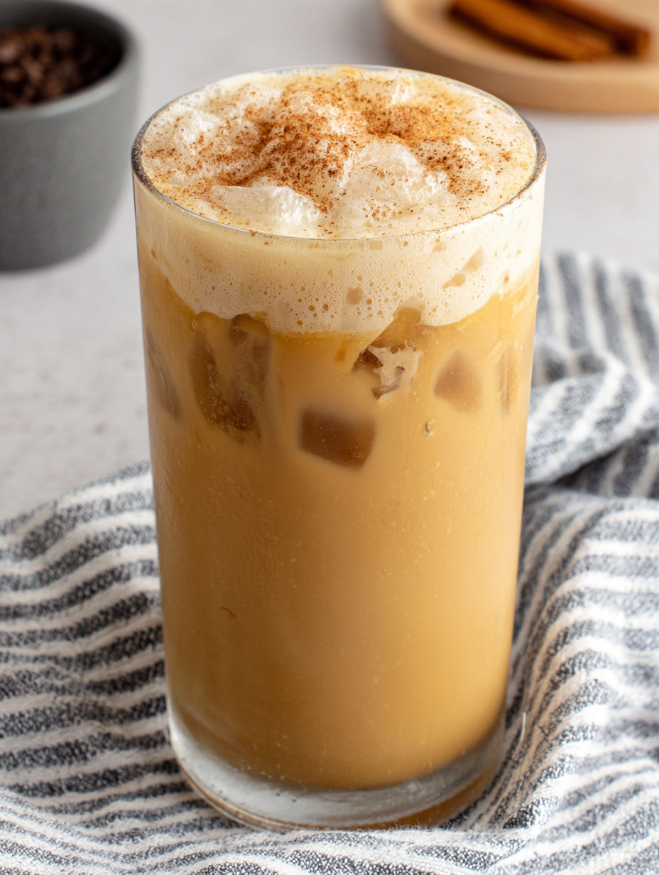 A glass of coffee with cinnamon on top.