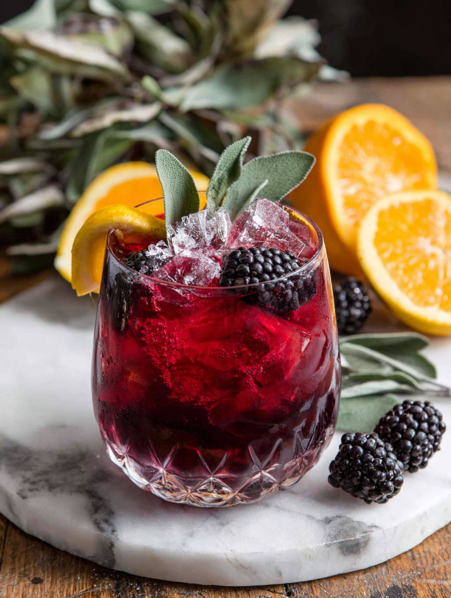 A glass of red wine with blackberries and sage.