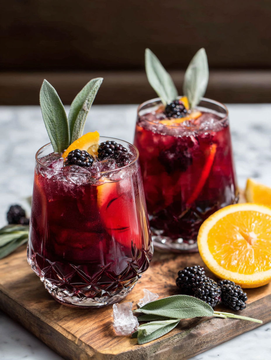 Two glasses of red sangria with blackberry sage garnish.