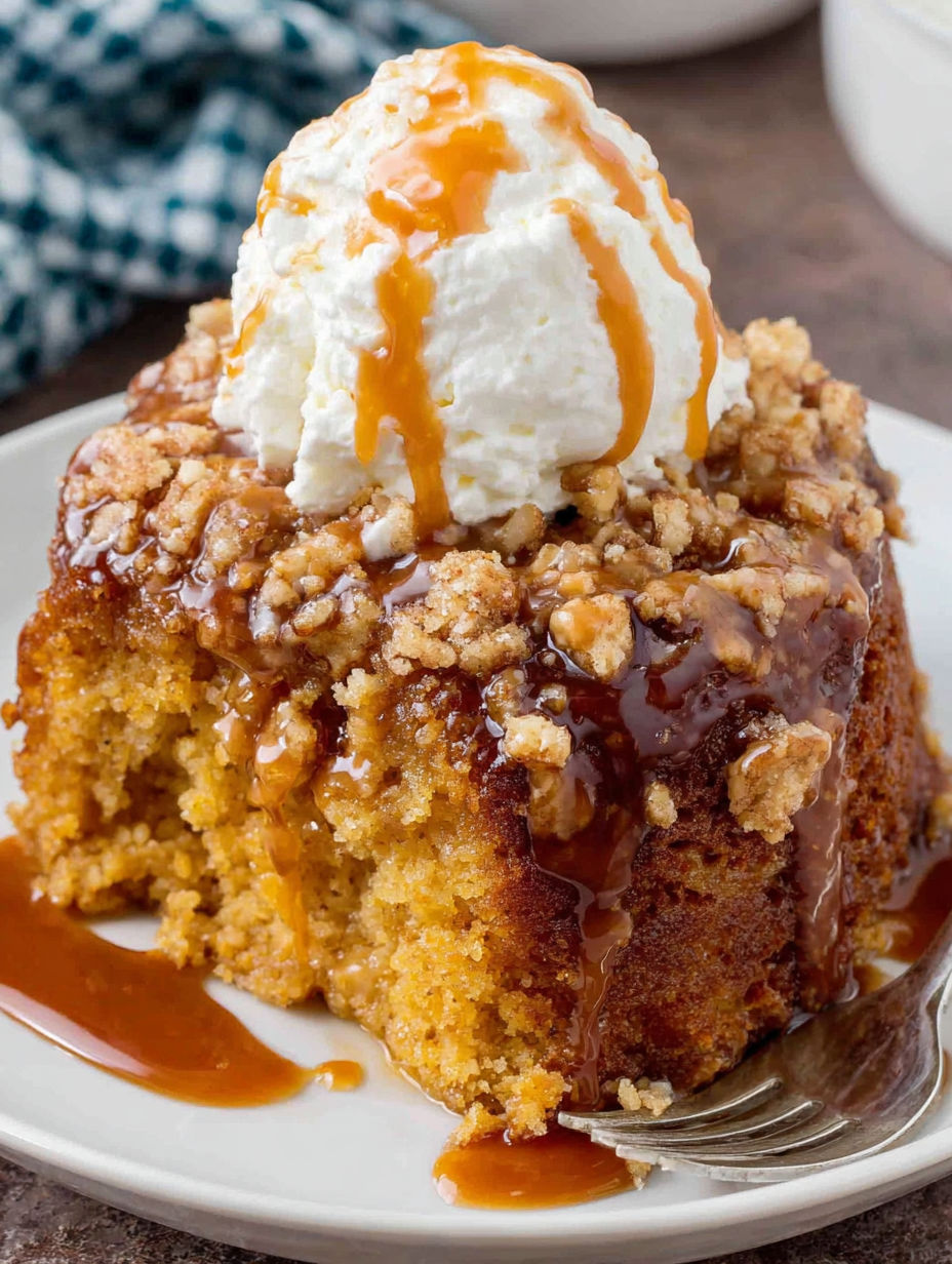 A slice of pumpkin spice cake with a dollop of whipped cream on top.