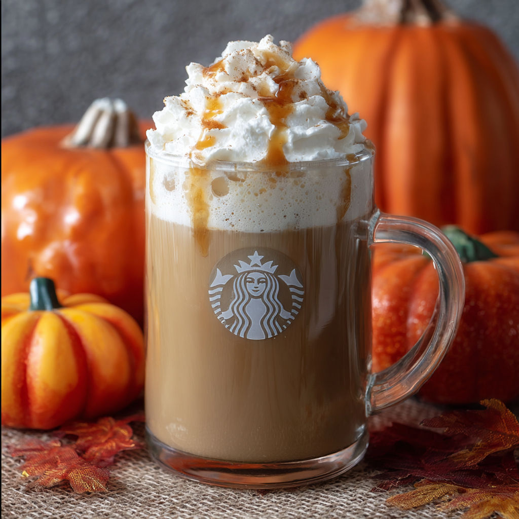 A Starbucks Pumpkin Spice Latte is topped with whipped cream.