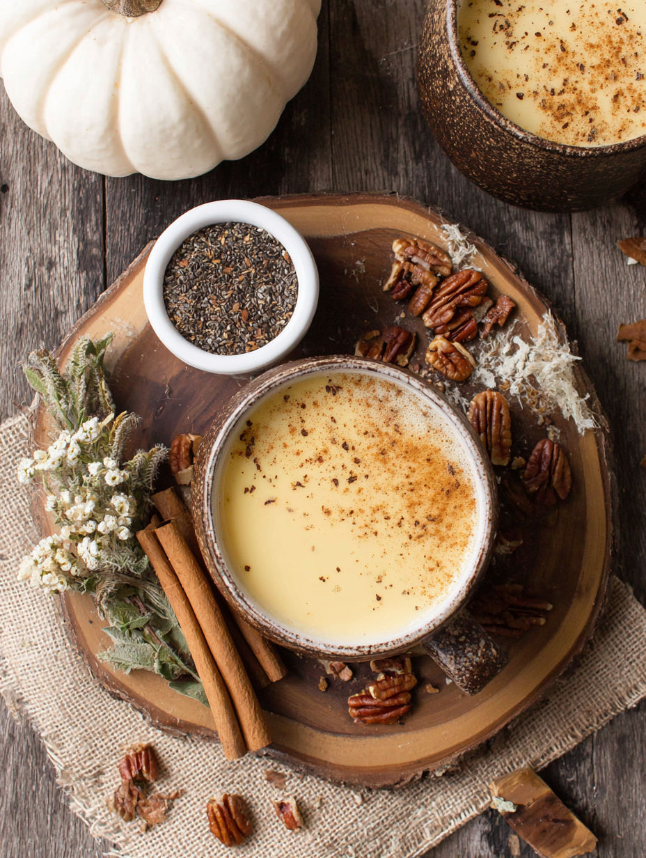 A bowl of pumpkin pecan chai latte.