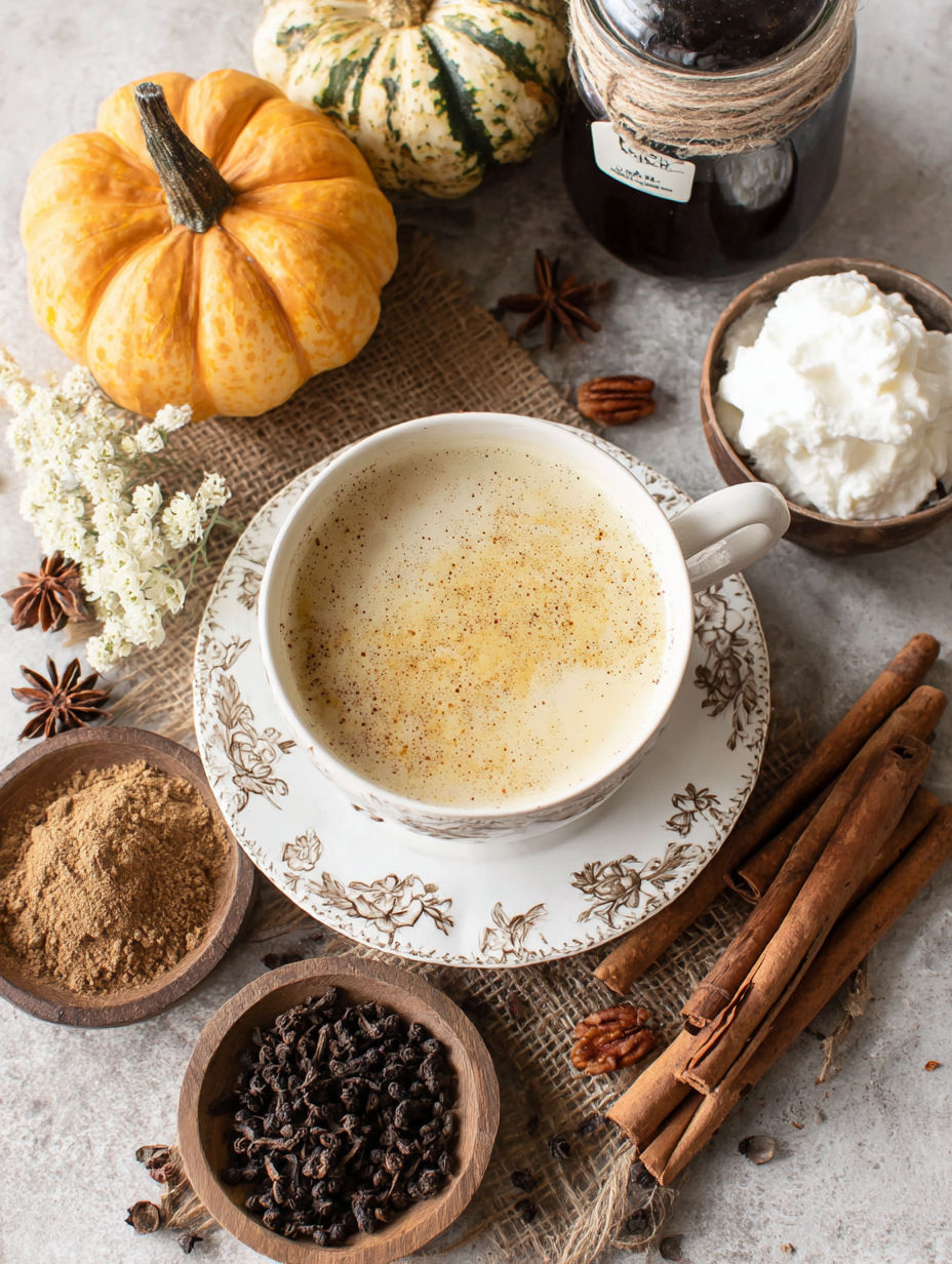 A cup of pumpkin pecan chai latte with spices.