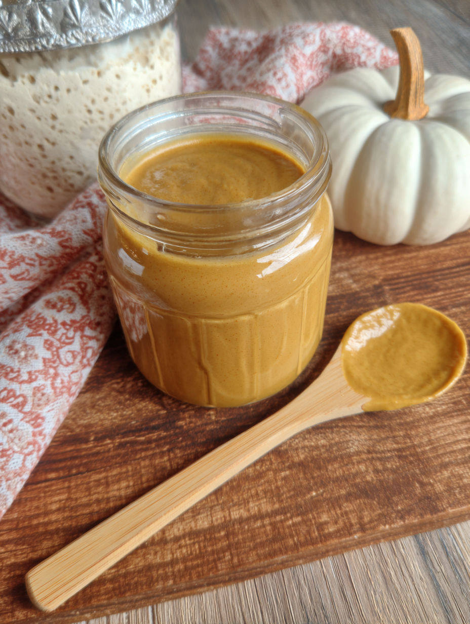 A jar of pumpkin pie sauce on a table.