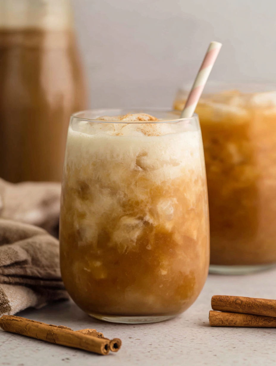 A glass of Starbucks Iced Apple Crisp Oatmilk Shaken Espresso.