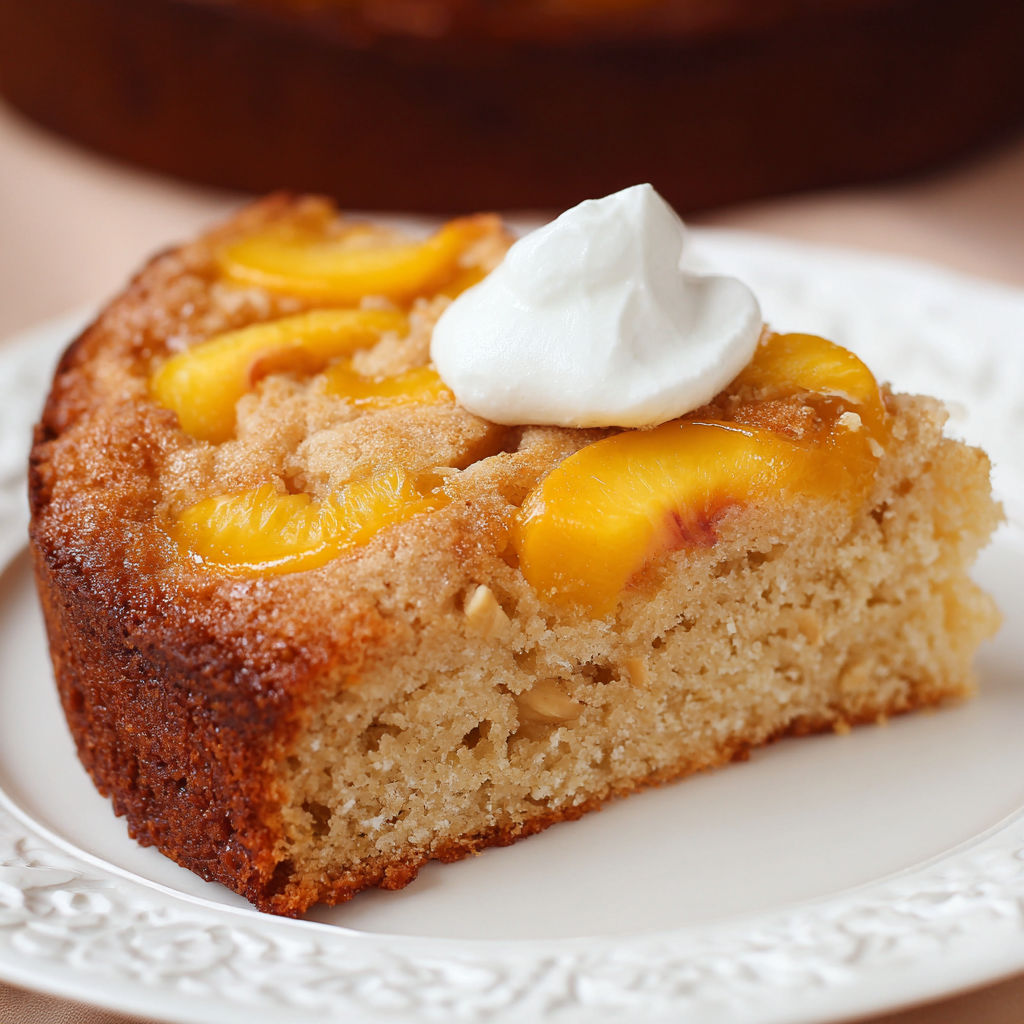 A slice of peach cake with whipped cream on top.