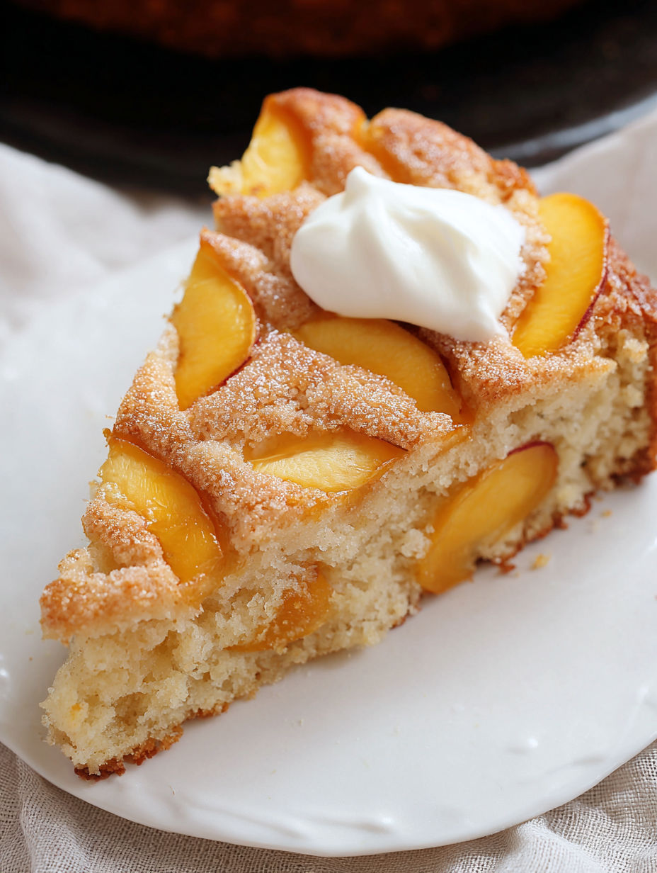 A slice of peach cake with whipped cream on top.