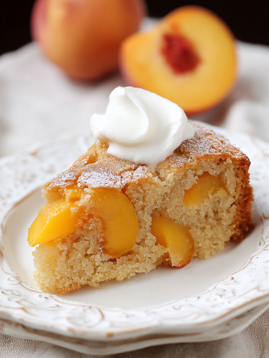 A slice of peach cake with whipped cream on top.