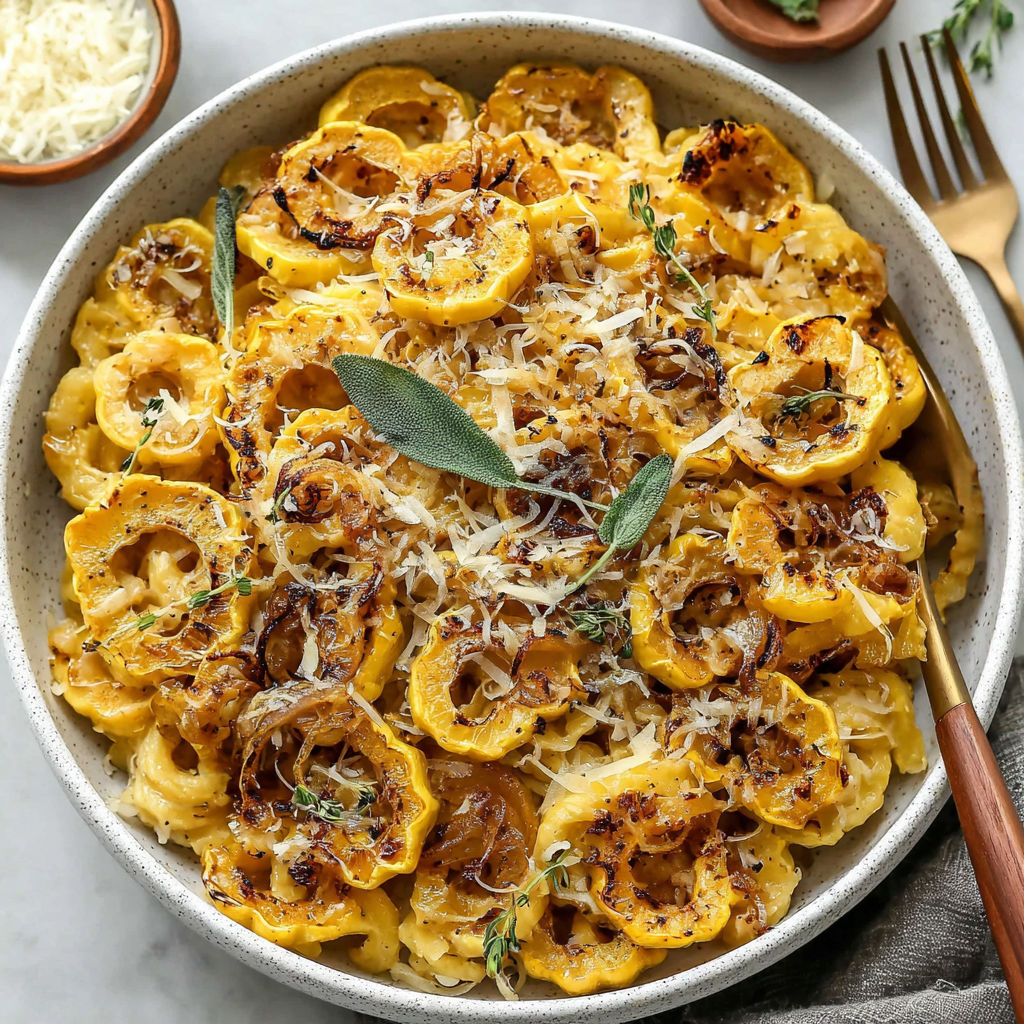 A dish of roasted delicata squash pasta.