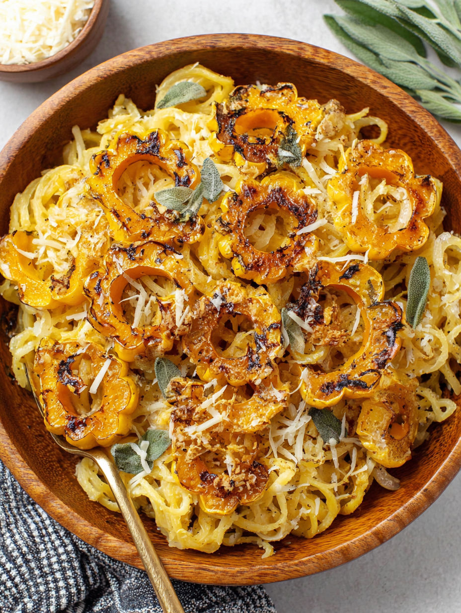 A bowl of pasta with roasted delicata squash.