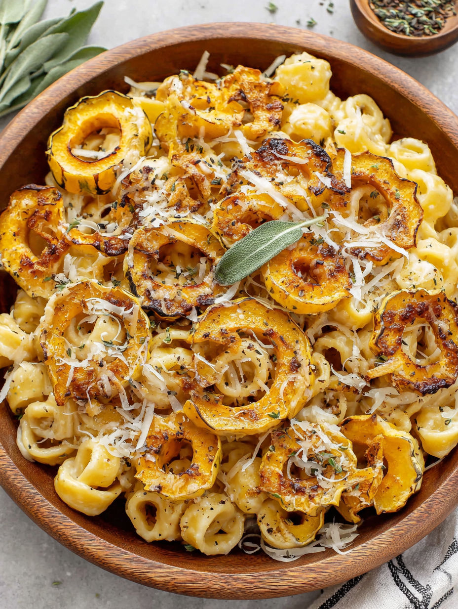 A bowl of pasta with roasted delicata squash.